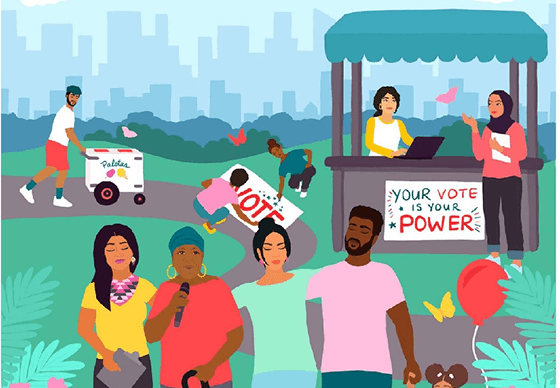 Illustration of diverse people engaged in civic activities